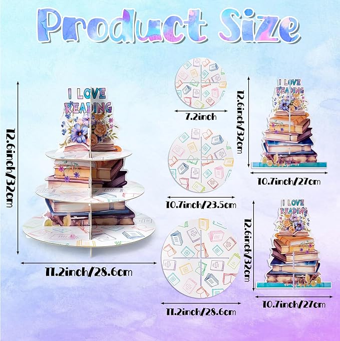 Haooryx Book Watercolor Cupcake Stand - 3-Tier I LOVE READING Watercolor Cupcake Tower Cardboard Dessert Holder Cake Stand Serving Tray for Book Club Event School Home Birthday Party Decor Supplies