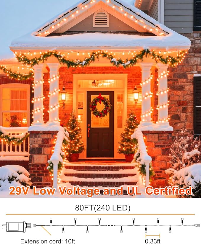 Orange String Lights Outdoor, 80FT 240 LED Plug in String Lights for Outside Waterproof, 8 Modes Connectable Green Wire Fairy Twinkle Light for Indoor Room Tree House Party Decorations