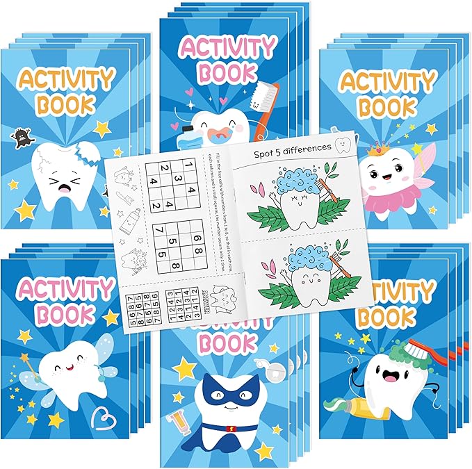 Tooth Activity Books for Kids - 24Pcs Cute Tooth Fairy Mini Games Coloring Book Set Bulk Cartoon Novelty Teeth Themed Mazes Word Search Word Scramble Games for Classroom DIY Art Gifts Party Favors