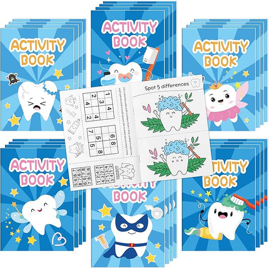 Tooth Activity Books for Kids - 24Pcs Cute Tooth Fairy Mini Games Coloring Book Set Bulk Cartoon Novelty Teeth Themed Mazes Word Search Word Scramble Games for Classroom DIY Art Gifts Party Favors