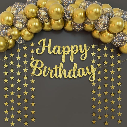 KatchOn, Gold Birthday Decorations Set – Pack of 53 | Glitter Happy Birthday Banner, Gold Star Garland and Confetti Balloons Arch Kit | Happy Birthday Decorations Women, Men | Happy Birthday Sign