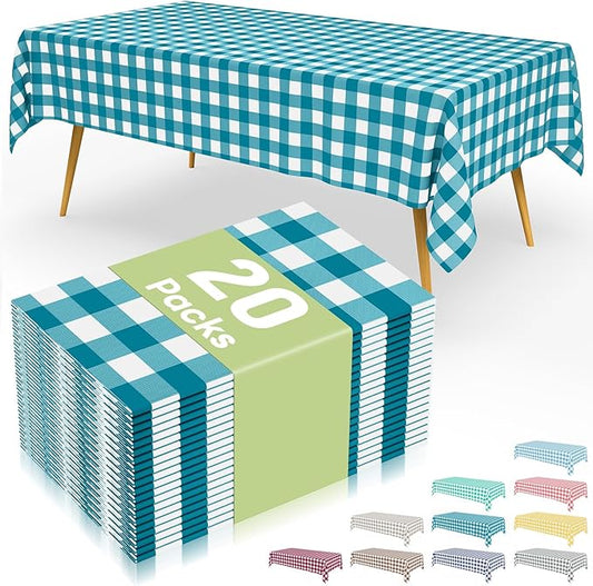Smiry 20 Packs Gingham Disposable Table Cloth, 54 x 108 Inch Waterproof Plastic Tablecloth, Rectangle Turquoise and White Checkered Table Covers for Picnic, Birthday, Party