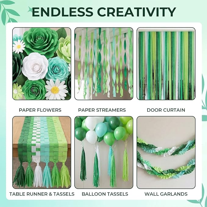 Koogel 12 Rolls Gradient Green Crepe Paper Streamers - 1.8 in x 82 ft Each - Bulk Decorations for St. Patrick's Day, World Cup Soccer Party, Tropical Fiesta, and Piñata Making Supplies