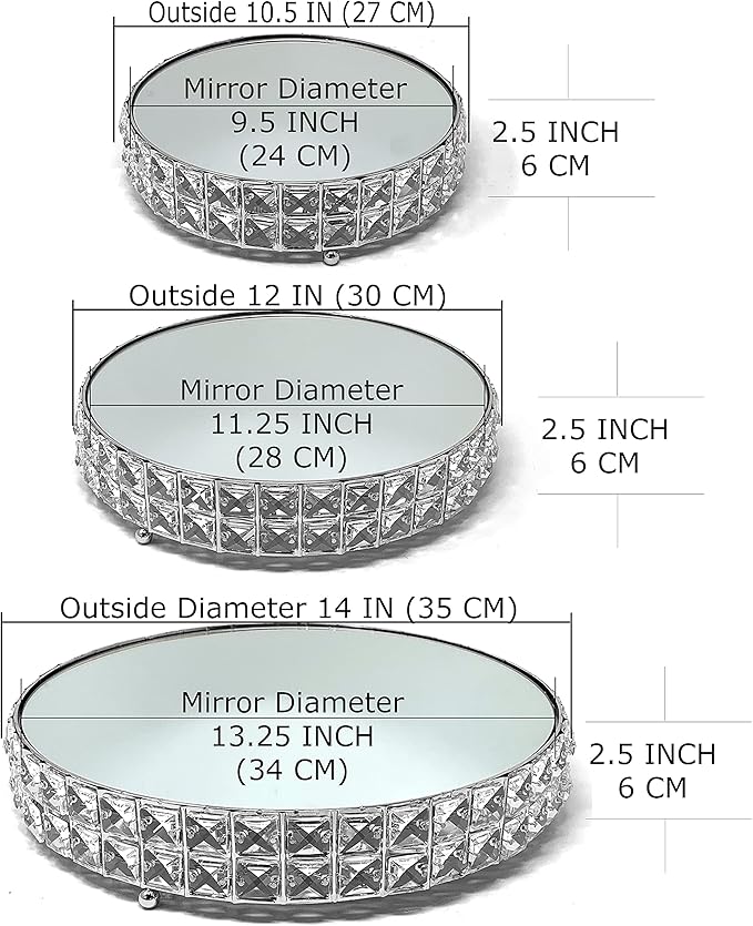 allgala Wedding Cake Stands 3-Piece Set Crystal Gold Plated Cheese Dessert Cupcake Cake Stand with Mirror Plate-Silver Round-HD89204