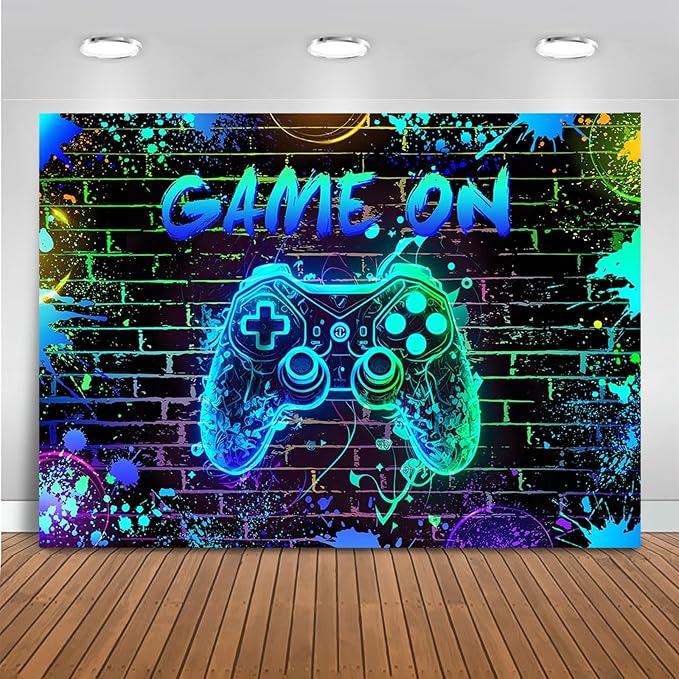 Mocsicka Game On Backdrop Video Game for Boys Level Up Birthday Party Decoration Game Night Arcade Neon Glow Gamer Banner Photography Background (Blue, 10x7ft(120"x82"))