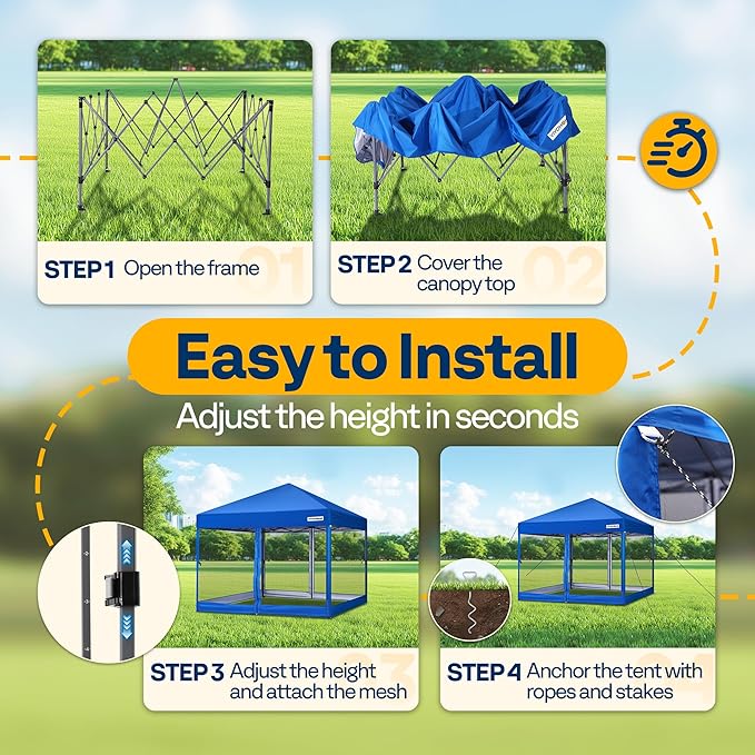 VIVOHOME 8x8ft Easy Pop-Up Canopy, Outdoor Screen Tent with Mosquito Netting, 2 Zipper Doors, and Roller Bag for Yard Camping Picnic Party Events, Blue