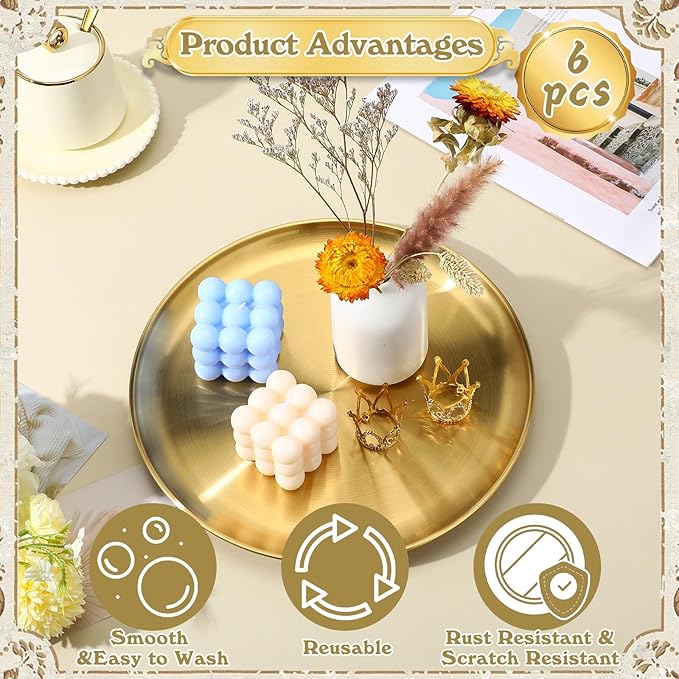 Molain 6 Pcs Gold Serving Trays, 12 Inch Stainless Steel Round Decorative Serving Table Food Circle Tray for Coffee Bar Home Bathroom Candle Wedding Party Makeup Organizer Perfume Countertop