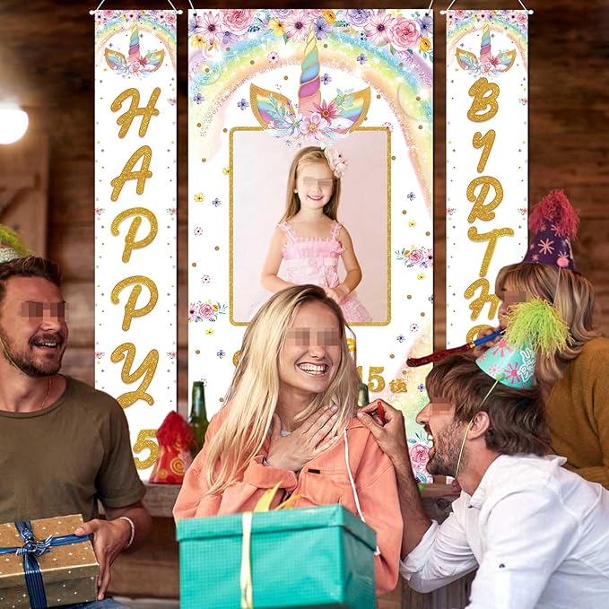 Custom Photo Birthday Banner Set Personalized Door Banners Polyster Backdrop Party Decorations Supplies Background for Birthday Newborn Baby Shower Celebration(Unicorn)