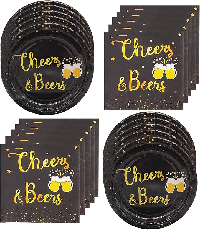 Cheers Beers Birthday Party Supplies,Black and Gold Tablewares(Plates and Napkins),Cheers Beers and Beer Mugs Design Perfect for Graduation Wedding Anniversary Christmas Party Supplies (16 Guest)