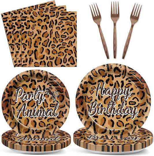 96Pcs Cheetah Print Party Decorations Brown Leopard Print Birthday Themed Tableware Safari Animal Plates Napkins Forks Jungle Leopard Dinnerware Supplies for Baby Shower Birthday Serves 24 Guests