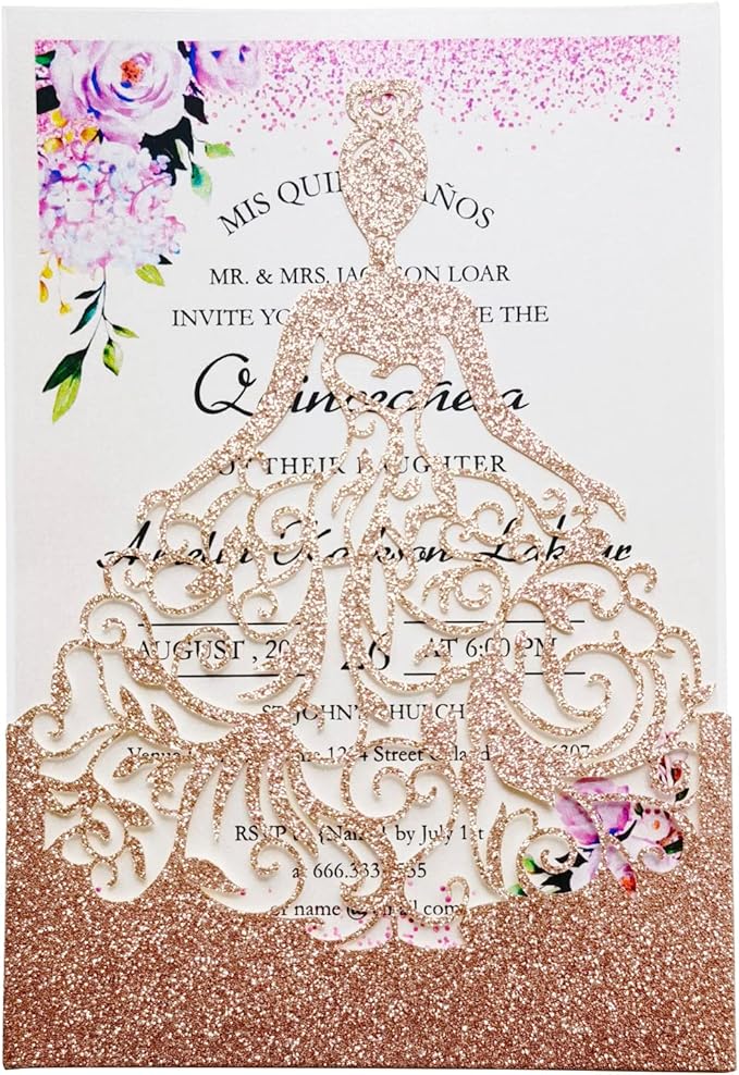 50PCS Personalized Wedding Invitations Cards with Envelopes 5 x7.3 Inch Laser Cut Hollow Girl Princess Pocket with Envelopes Crown Invitations Cards for Quinceañera Birthday Sweet 16, Party Invite (Rose Gold Glitter)