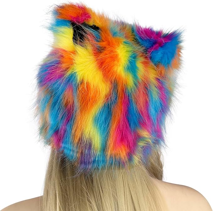 PURFUN Colorful Faux Fur Earflap Hats with Cat Ear, Adults Cosplay Halloween Animal Theme Wolf Cat Hooded Hat Costume Caps