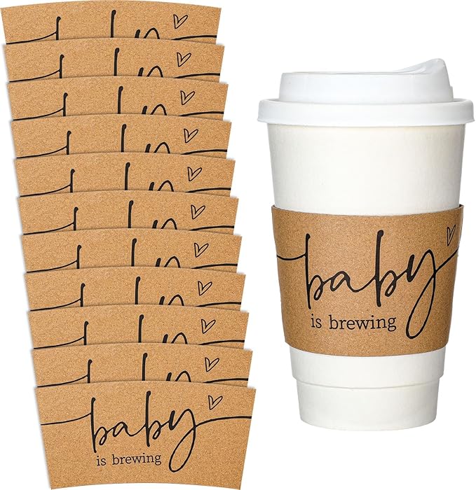Newtay 50 Counts Baby Is Brewing Coffee Sleeves, Disposable Kraft Paper Cup Sleeves for Baby Shower, Gender Reveal, Halloween Party Decorations, Fits 12 16 or 20 oz Hot Cold Drinks Paper Cup(Rustic)
