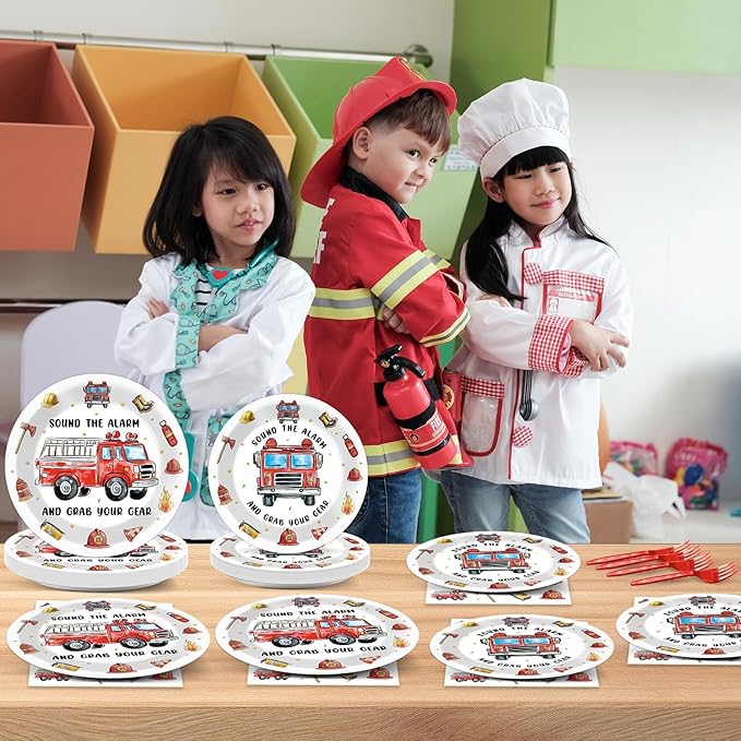 100Pcs Firetruck Birthday Party Decorations Watercolor Firefighter Plates and Napkins Little Blue Truck Birthday Dinnerware Fire Truck Supplies Fireman Tableware for Kids Baby Shower Decor Serves 25