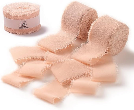 DORIS HOME Nude Pink Chiffon Ribbon for Flower Bouquet, 1" x21Yd Fabric Ribbon for Gift Wrapping, Handmade Frayed Ribbon for Wedding Invitations/Christmas Decorations