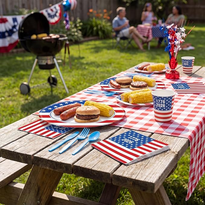 Pajean 350 Pcs 4th of July Party Decorations 12 inch Disposable Patriotic Oval Plates and Napkins Heavy Duty American Flag Paper Tableware Set for 50 Guests 250th Independence Party Supplies