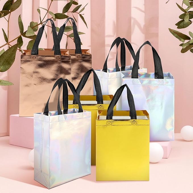 30pcs High-grade Gift Bags Medium with Handles-Mix Color(10xGolden Rose,Golden Yellow,Iridescent),Reusable Gift bags,Bulk Gift Bags with Handles,Party Favor bags,Ideal for Wedding,Birthday(8X4X10)