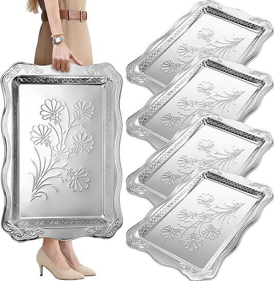 4 Pack 21.6" x 14.6" Large Silver Serving Trays for Dessert Table Stainless Steel Silver Platters Floral Engraved Mirror Serving Platters for Wedding, Desserts, Party Food Display (Classic)