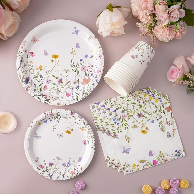 96PCS Wildflower Paper Plates and Napkins, Disposable Floral Plates for Bridal Shower, Garden Party, Wedding, Mother's Day, Spring Party, Baby Shower, Afternoon Tea Party
