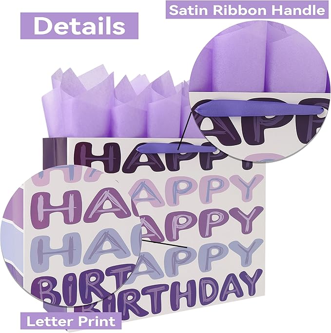 Qirrmiy 16.5" Extra Large Purple Happy Birthday Gift Bag Set with Handles, Greeting Card, Tissue Papers and Stickers for Women Girls Kids Teens, Words Design, 1 Pcs