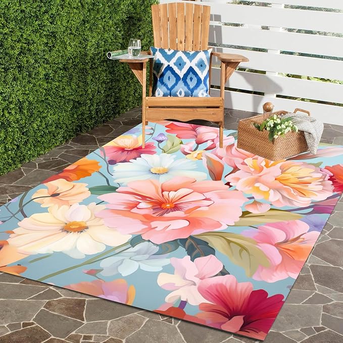 Outdoor Flower Rug with Anti Slip Backing Vibrant Waterproof 5x8 Area Rugs for Patio Deck Balcony Camping Garden Porch Large Floral Outside Carpet Peach Pink Blue Aesthetic Thick Mat