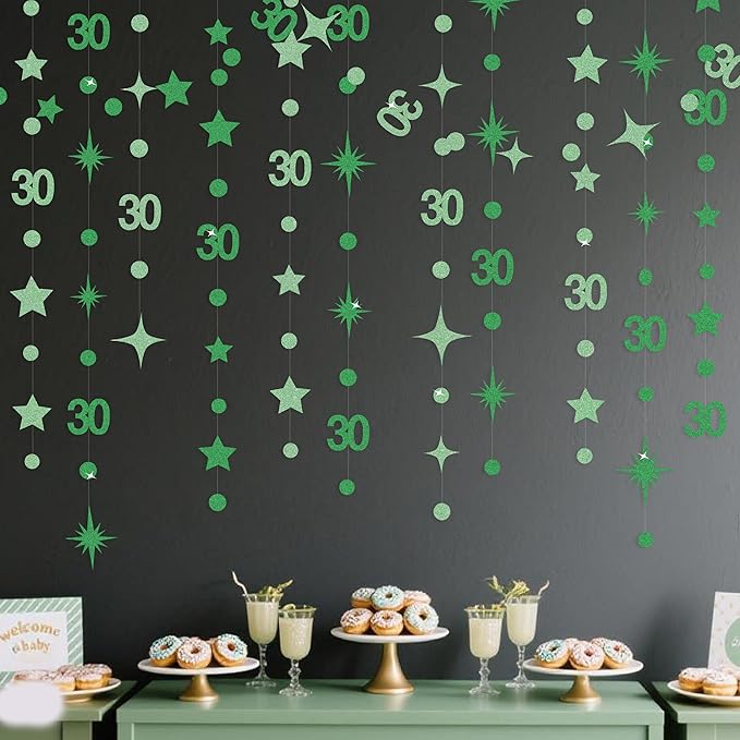 Green 30th Birthday Decorations Number 30 Circle Dot Star Garland Glitter Streamer Banner Backdrop for Women Men Dirty Thirty Cheers to 30 Years Old Birthday 30th Anniversary Party Supplies