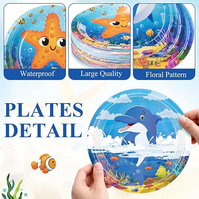 80 Pcs Under The Sea Party Decorations Ocean Birthday Paper Plates 7'' Underwater Creature Disposable Dessert Plate Dinnerware for Sea Life Animal Picnic Wedding Bridal Shower Tea Party Favor