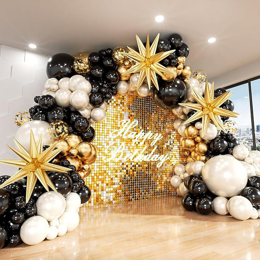 Black Gold White Balloon Arch Kit, Double Stuffed Pearl Sand White Black Chrome Gold Confetti Balloon 22 18 12 10 5 Inch Balloons Garland Kit for Birthday Graduation New Years Party Decoration
