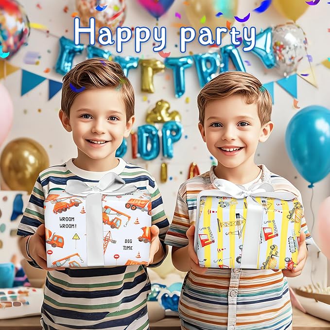 Gift Wrapping Paper Boy Kids Birthday Wrapping Paper Sheet Bulldozer Mixers Dumper Vehicles Pattern Excavator Tractor Dump Truck Road Under Construction Digger Wrapping Paper Birthday Gift Wrap