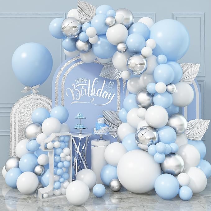 Jobkoo Blue White Balloon Arch Kit Baby Blue White Silver Balloon Garland 4D Silver Foil Balloons Pastel Light Blue Silver Latex Balloons Christening Boy Birthday Baby Shower Party Decorations QQ-113