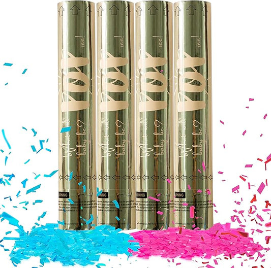 Revealations Gender Reveal Confetti Cannon - Set of 4 (2 Pink, 2 Blue) Gender Reveal Party Supplies Air Compressed Confetti Poppers - Biodegradable Tissue for Party Celebrations