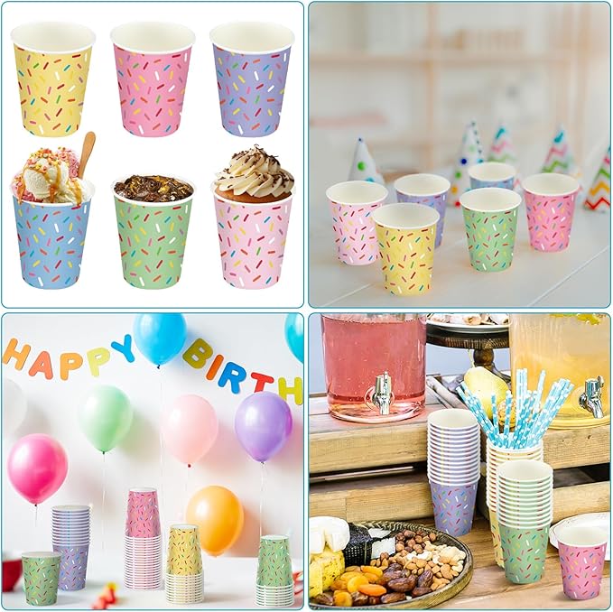 Yungyan 60 Set 6 Colors Sprinkle Paper Cups Bulk 9 oz Confetti Donut Sprinkles Party Cups Sturdy Disposable for Sweet Party Supplies Birthday Wedding Decorations Baby Shower Holiday Celebrations
