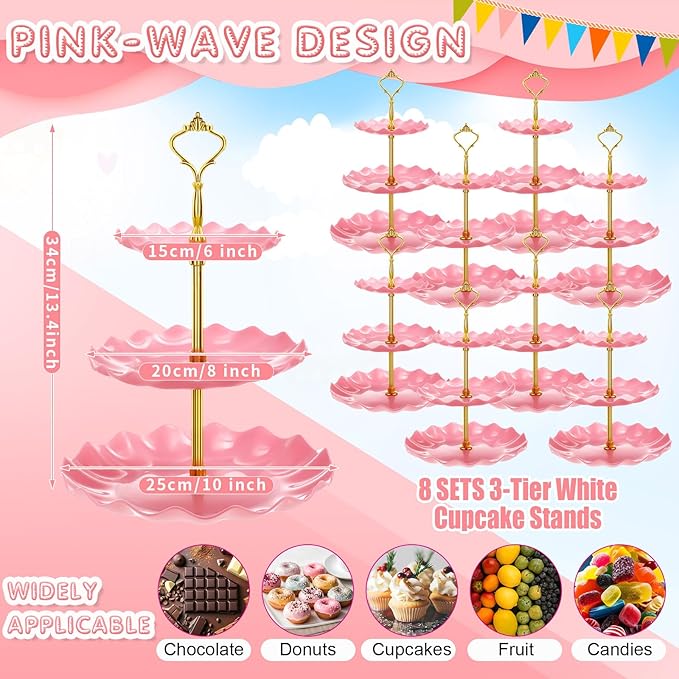 Patelai 8 Packs 3 Tier Cupcake Stand Holder Plastic Cake Serving Display Stand Tower Donuts Cookie Dessert Tray Holder Wave Shape with Gold Rod for Wedding Birthday Baby Shower Tea Party (Pink)