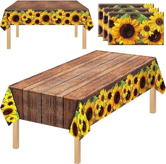 Tegeme 3 Pcs Sunflower Wood Grain Plastic Rustic Tablecloth Vintage Rectangle Table Covers Countryside Outdoor Tablecloth for Dining Table Kitchen Party Banquet, 54 x 108 Inch