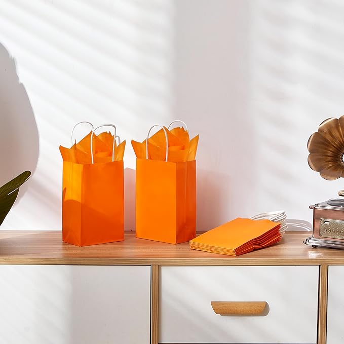 SUNCOLOR Orange Gift Bags with Tissue Paper, 24 Pack Small Kraft Paper Party Favor Bags, 7.9 x 5.12 x 3.15 Inches with Handles for Halloween, Fall Parties, Birthdays