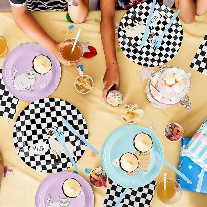 144Pcs Cat Birthday Party Supplies Decorations Cat Themed Paper Plates Napkins Vintage Party Tableware Disposable Pet Dinnerware Set for Kids Birthday Baby Shower Table Decor, Serve 24
