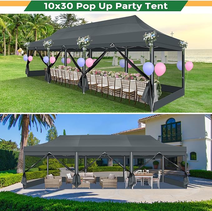 COBIZI 10x30 Heavy Duty Pop Up Canopy with 8 Sidewalls, Easy Set Up Outdoor Waterproof Screen Commercial Party Tent with Mosquito Netting for Parties Backyard Patio, Roller Bag, Gray