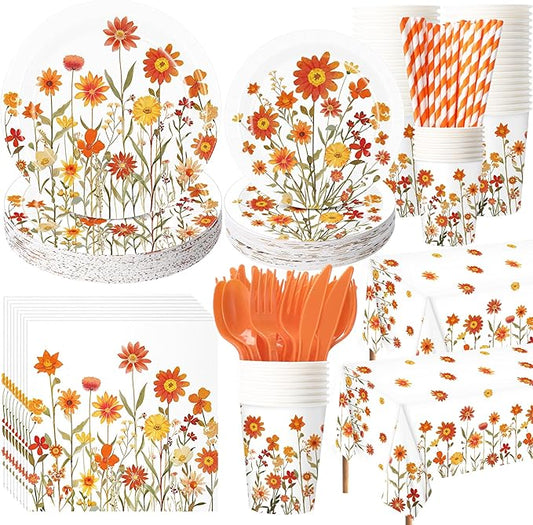 Potchen 452 Pcs Party Supplies Serve 50 Guests, Paper Plates Napkins Cups Cutlery Plastic Tablecloth Dinnerware for Birthday Wedding Party Decoration(Orange Floral, Fall Floral)