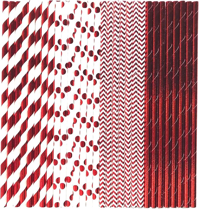 100 pcs Mixed Biodegradable Party Paper Straws, Glitter Metallic Red Foil Stripe Wave Solid Beverage Drinking Straws, Holiday Birthday Christmas Valentine Craft Cake Pop Sticks (Metallic Red Foil)