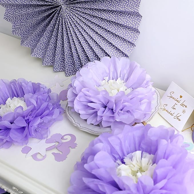 Fonder Mols Tissue Paper Chrysanth Flowers with Butterfly and Olive Leaves for Wedding Baby Shower Nursery Room Parties & Events Decorations Pom Poms (Purple White)