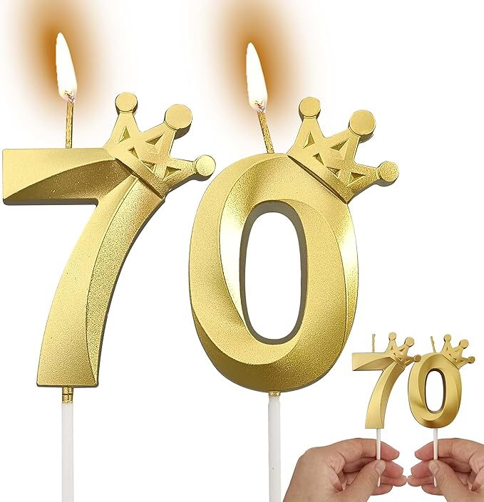 The Number 70 Gold Birthday Candles for Cake is Beautiful Number Candles for 70th Birthday Decorations for Man and Women (Gold-70, Crown)