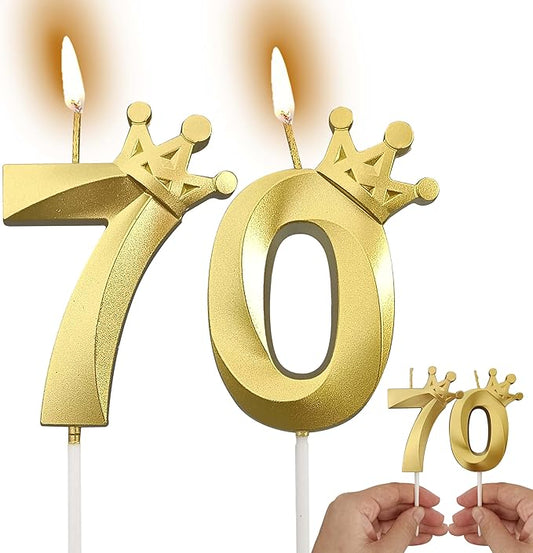 The Number 70 Gold Birthday Candles for Cake is Beautiful Number Candles for 70th Birthday Decorations for Man and Women (Gold-70, Crown)