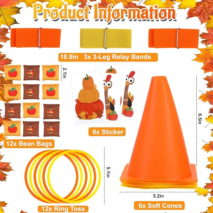 4 in 1 Fall Festival Thanksgiving Party Games with Ring Toss, Plastic Cones, Bean Bags, 3-Legged Race Bands, Thanksgiving Games for Family Boy Girl Adult Carnival Friendsgiving Outdoor Yard Activities