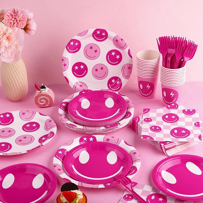 Kochorie 144 Pieces Preppy Party Supplies, Pink Preppy Smile Face Tableware Sets Including Disposable Paper Plates Napkins Cups Forks Serves 24 for Smiley Face Baby Shower Birthday Party Decorations