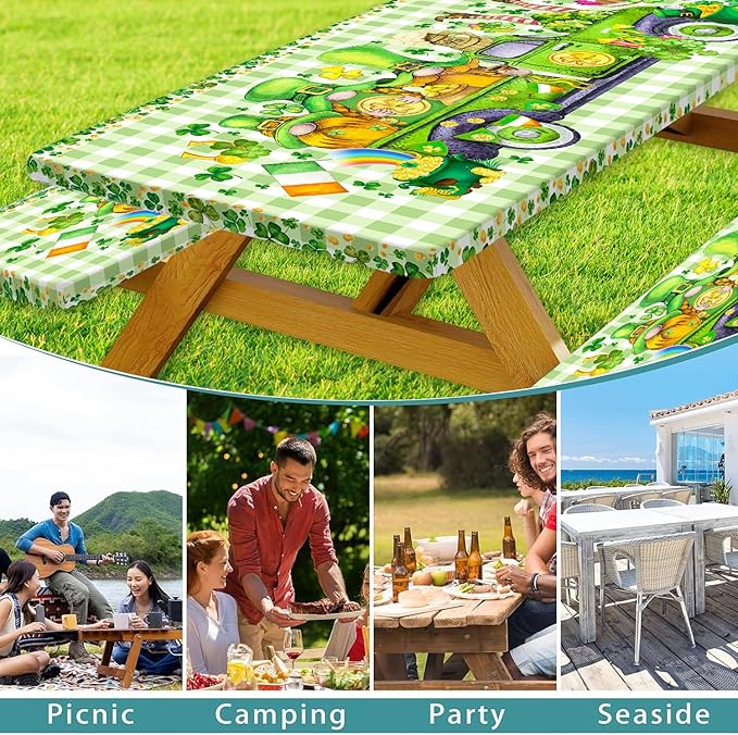 St. Patrick's Day Picnic Table Cover with Bench Covers, Camping Essentials, Plaid Truck Gnomes Clover Outdoor Table Covers, Waterproof, Fitted Tablecloth Cover with Elastic Edge, 3 PCS, 30x96 Inch