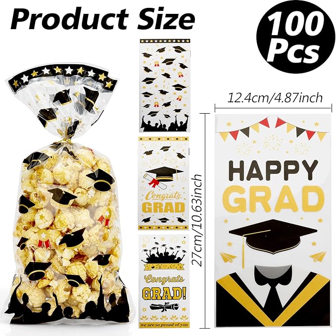 Leislam Graduation Treat Bags, Graduation Cellophane Treat Bags, 100 PCS Graduations Gift Bag, Plastic Clear Cello Candy Cookie Snack Goodies Bag with 100 Pcs Gold Ties for Graduations Party Favors Supplies, 4 Styles