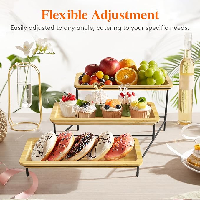 Lifewit 3 Tier Bamboo Serving Tray for Party Supplies, 30 x 17 cm/12" x 6.5" Platters for Serving Food, Reusable Trays with Black Metal Display Stand for Veggie, Fruit, Cookies, Dessert