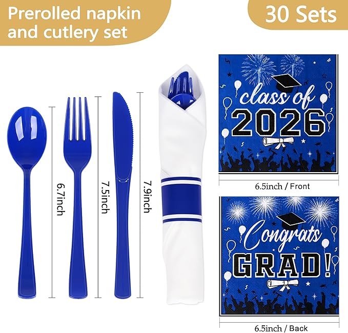 30 Pack Pre Rolled Blue Plastic Silverware Set,Wrapped Plastic Cutlery Set with Napkin Include 30 Forks,30 Spoons,30 Knives,30 White Napkins and 30 Blue Napkins for Graduation Congrats Grad Party