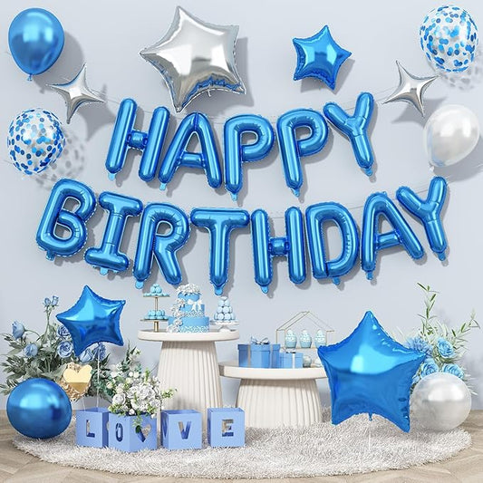 Happy Birthday Balloon Banner Blue Silver, 16 Inch Mylar Foil Letter Balloons, Reusable Birthday Decorations with Blue and Silver Balloons, Inflatable Party Supplies for Women Men Boys Girls Decor