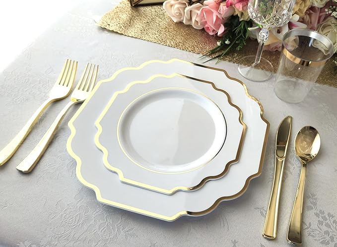 " OCCASIONS " 960 Piece set (120 Guests)-Heavyweight Wedding Party Disposable Plastic Plate Set - 120 x 10.5'' + 120 x 8'' + Silverware + Cups + Napkins (Imperial White & Gold)
